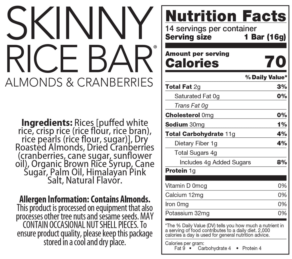 Skinny Rice Bar Almonds and Cranberries Nutrition Label