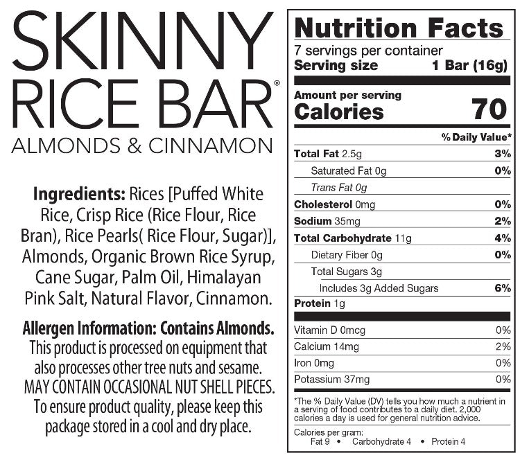 Skinny Rice Bar with Almonds, Cinnamon with Himalayan Salt (14 count)