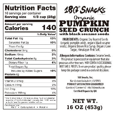 Organic Pumpkin Seed Crunch 16oz | 180 Snacks, Inc. / Mareblu Naturals